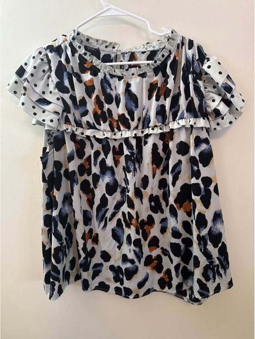 Leopard and Polka Dot Print Ruffle Sleeve Blouse